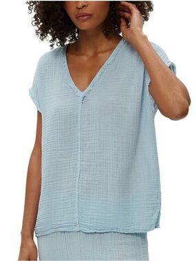 BOGO! Michael Stars Draya Cotton Gauze V-Neck Top Blue Medium